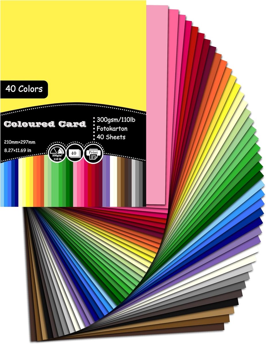 40 vellen gekleurd karton, A4, kleurrijk, 40 kleuren, 300 g/m², fotokarton, knutselkarton voor schilderen, kaarten maken, uitnodigingen, scrapbook, knutselen, 21 x 29,7 cm