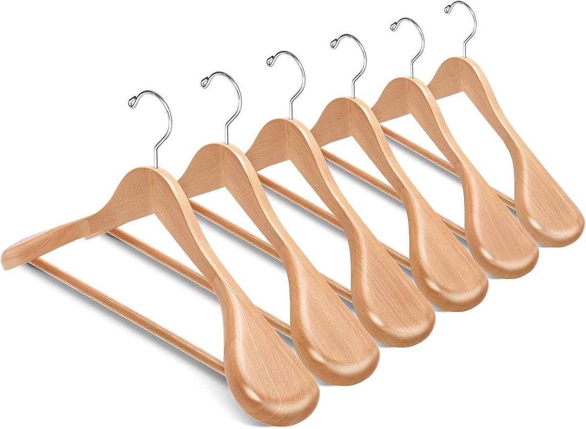 Home 44,5 cm natuurlijke houten kleerhangers 10 stuks met brede schouder, heavy duty gladde houten kleerhanger met antislip broekstang, solide kledinghangers rek voor jas, broek, kleding