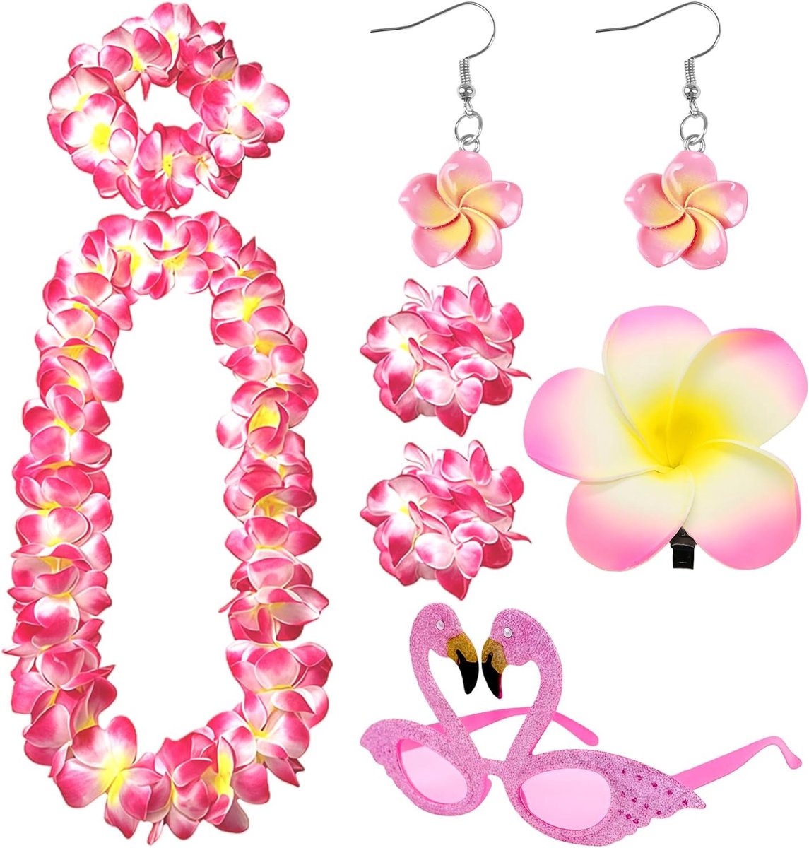 Hawaii-outfit voor dames, 7-delige bloemendecoratieset, Hawaï-ketting, bloemenkrans met oorbellen, haarspeld, flamingo-bril, tropische Hawaï-accessoires voor Luau-party, zomer, strand