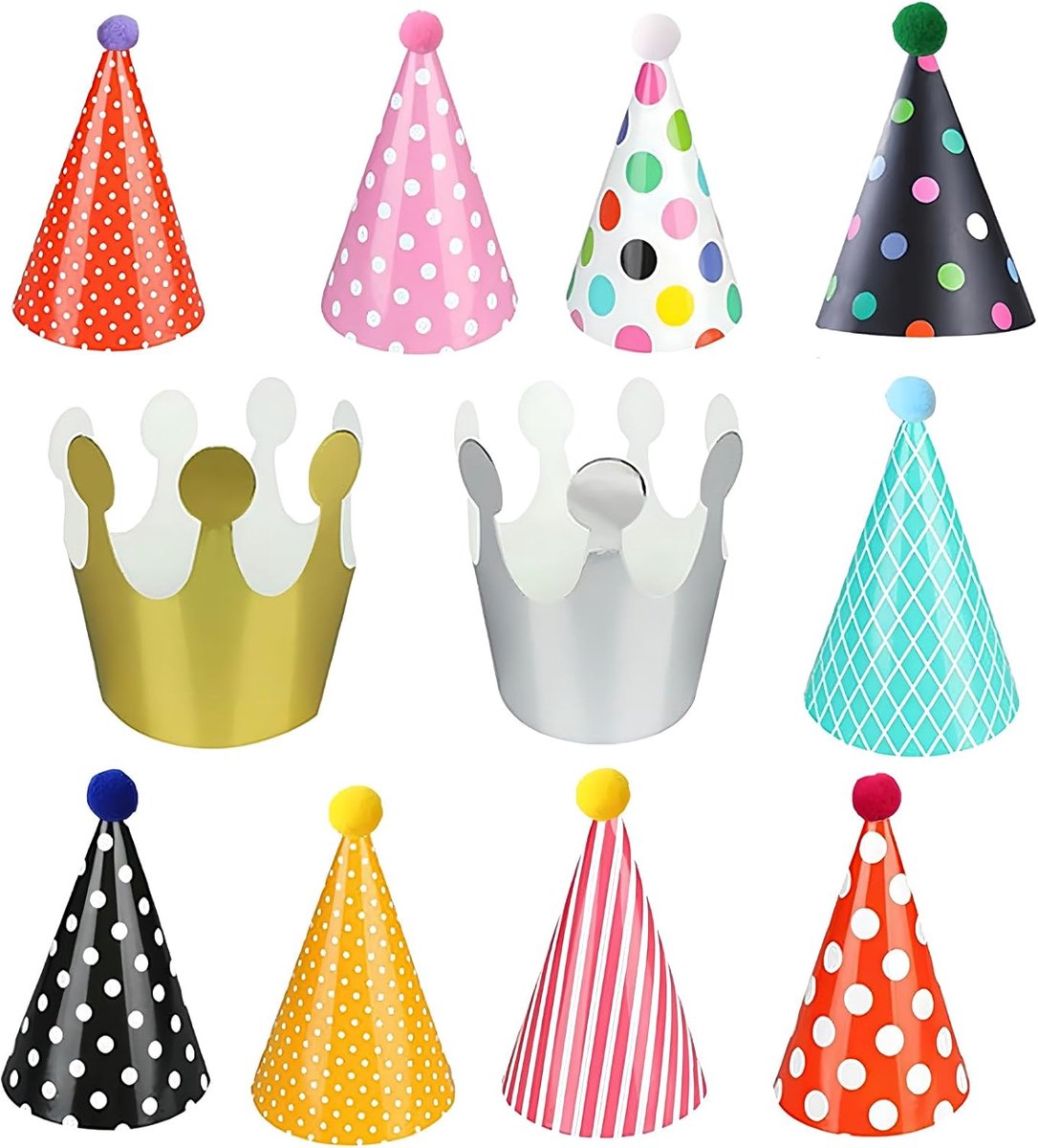 Hoeden set kinderen – 11 stuks feestmutsen inclusief 9 kleurrijke kegel hoedjes en 2 gouden kroon hoeden – papieren feestaccessoires voor jongens en meisjes – DIY decoratie v