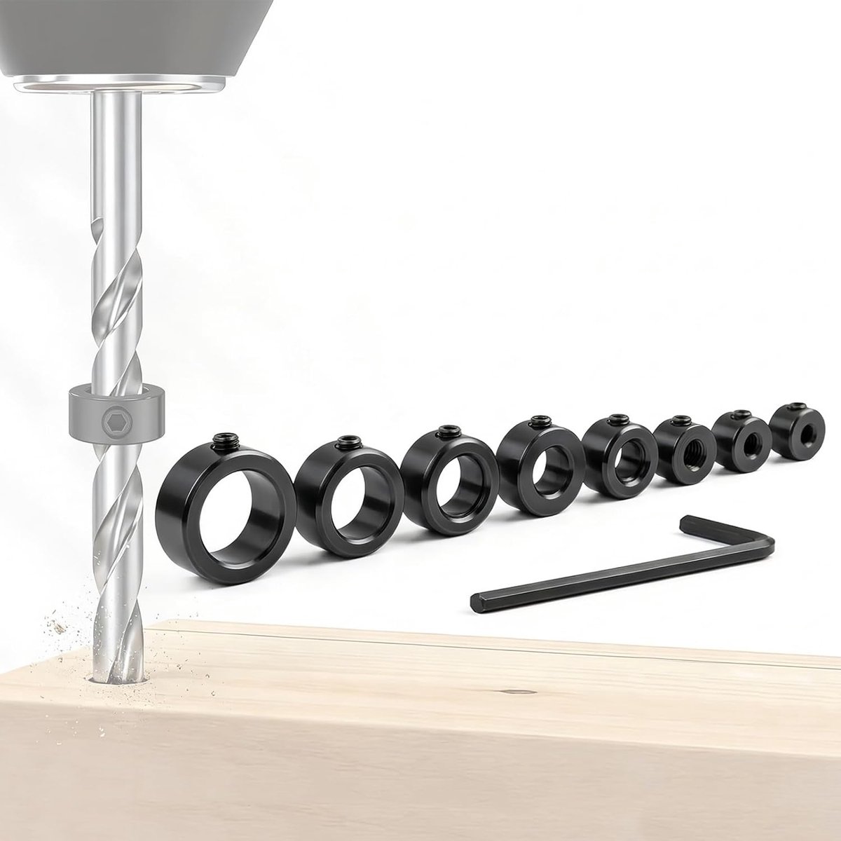 8 stuks boorstoppers positioneringsring - 3/4/5/6/8/10/12/16 mm boordiepte stopperring met inbussleutel, voor timmerwerk boren