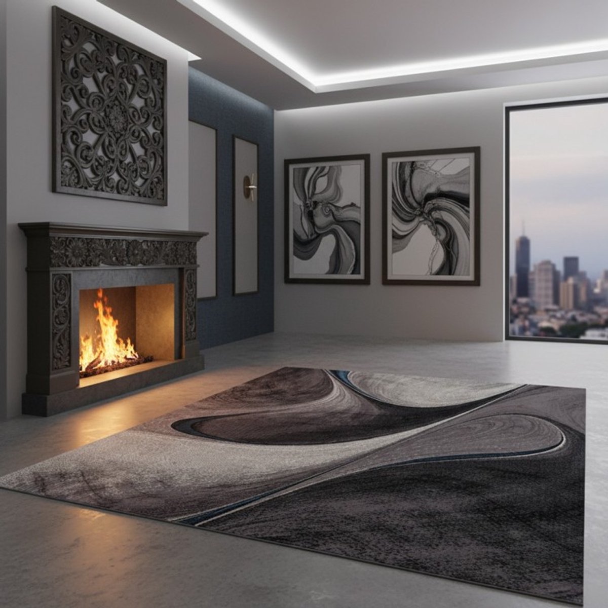 TapisTrend Designer tapijt Grijsblauw 200x290 cm Modern abstract vloerkleed met een vloeiend patroon dat op marmer lijkt en grafische rondingen