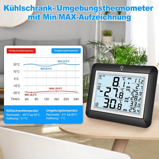 Koelkastthermometer, digitaal met alarm, vriesthermometer met 100 m bereik, achtergrondverlichting, -40 °C tot 60 °C meting, max/min waarden, geschikt voor keuken en restaurant — afbeelding 5
