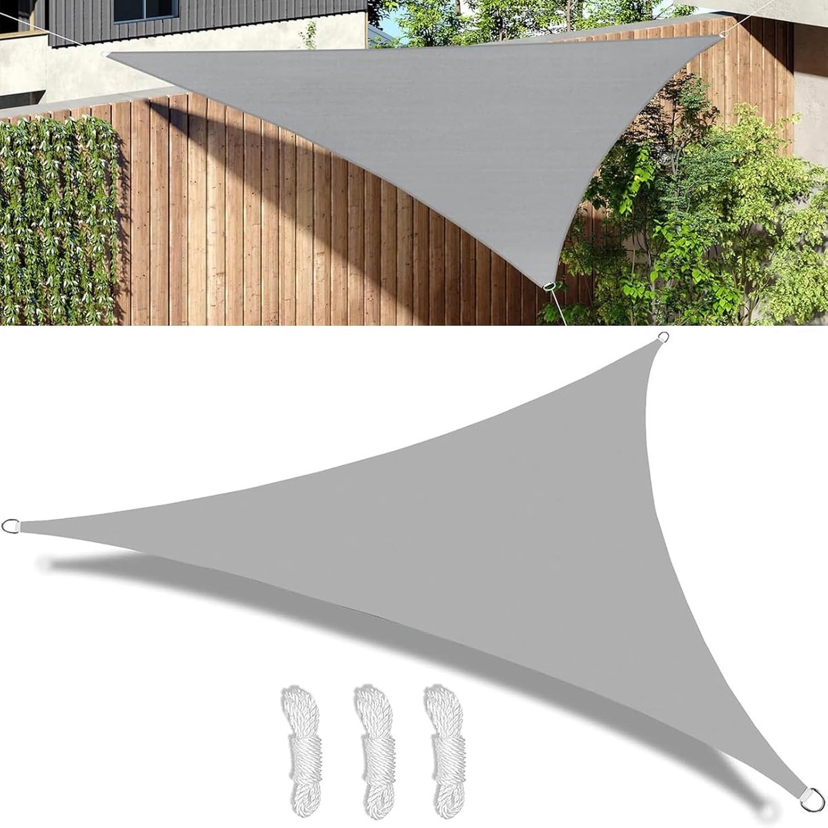 Driehoekig met bevestigingskoorden, hoogwaardig polyetheen met hoge dichtheid, 3 x 2,5 x 2,5 m, ademend zonnezeil, 95% uv-bescherming voor buiten, terras, balkon, tuin, grijs