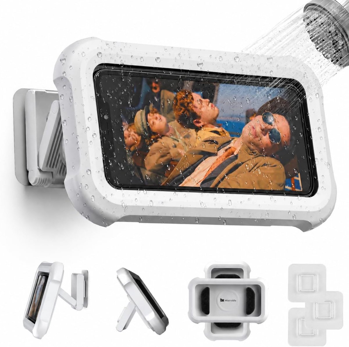 Waterdichte Douche Telefoonhouder met 360° Rotatie, Hoek Verstelbaar, Wandgemonteerde Telefoonhouder voor Badkamer Spiegel Badkuip Keuken(Wit, Tot 6,8 inch)