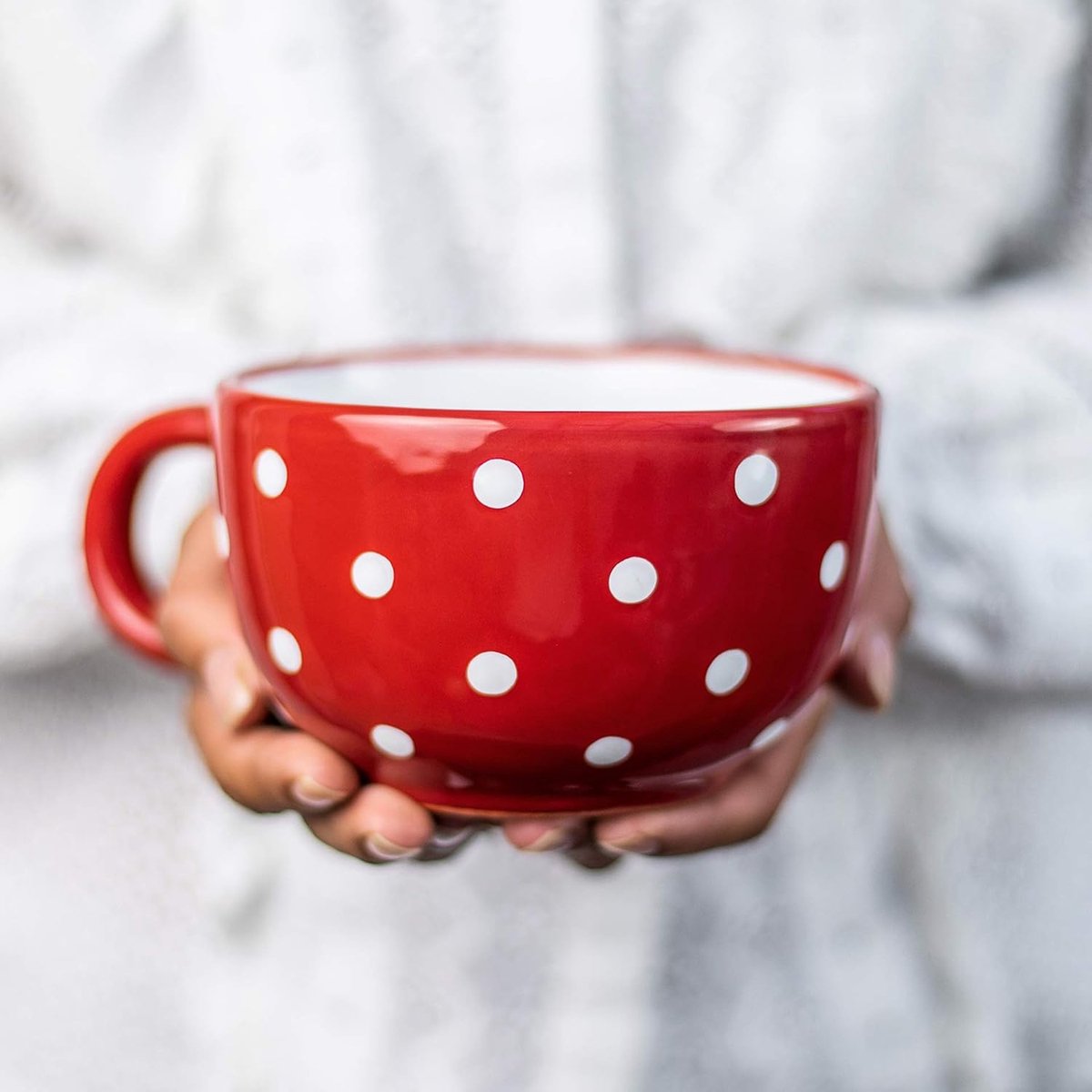 To Cottage Rood Wit | Polka Dot Stippen | Uniek Keramiek Extra Groot 500ml | Cappuccino Koffie Thee Soep Mokken Koppen Met Handvat | Cadeau