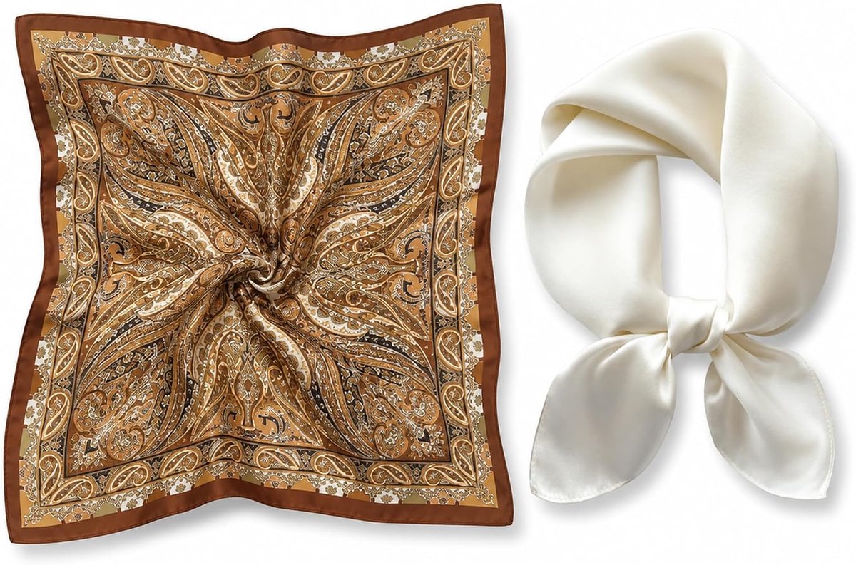 2 stuks Bandana Sjaal, Satijn, Bruin & Wit, 70x70cm