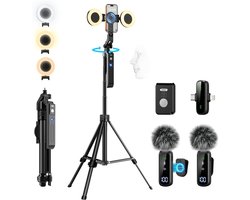 YAyusi Vlogging Kit, 71 inch Auto Face Tracking Statief voor iPhone, 360 ° Rotatie Uitschuifbaar Telefoonstatief met Verlichting, Draadloze Microfoon, Content Creator Essentials Starter Kit voor