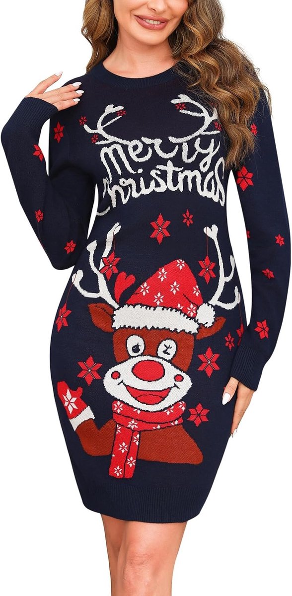 Kersttrui-jurk voor vrouwen, nieuwigheid rendier sneeuwvlokken gebreide dames kerstjurk lange mouwen vrolijk kersttrui trui mini-jurken