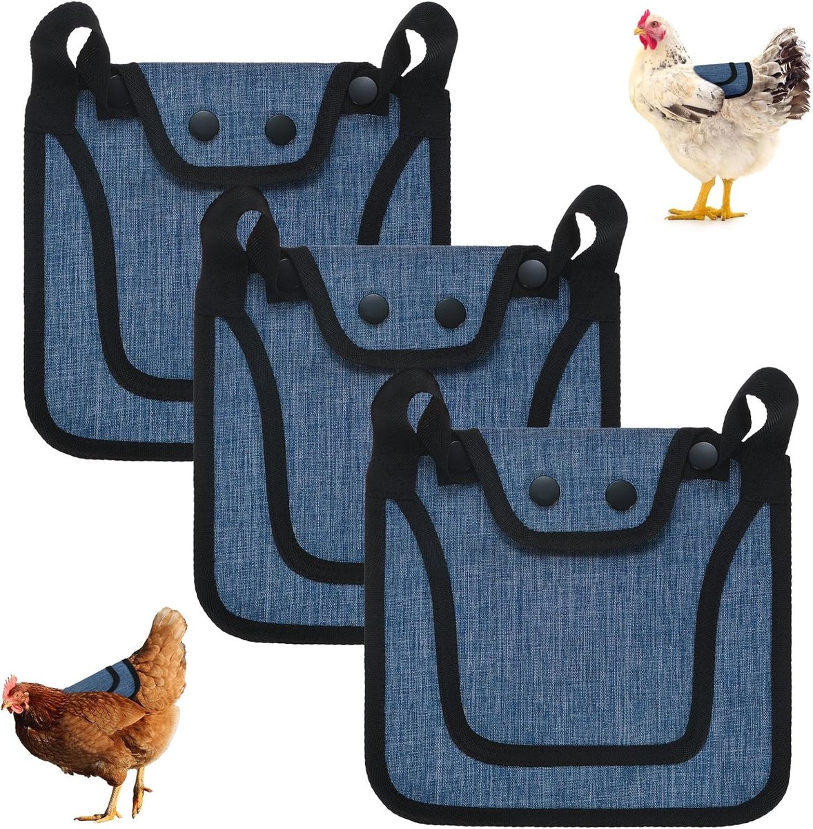 3-Pack Premium Kippenzadel, 25,4 cm/10 inch kippenzadel met verstelbare riem, vogelveren beschermer voor rug en zijkanten pluimvee saver voor kippen en hanen [blauw]