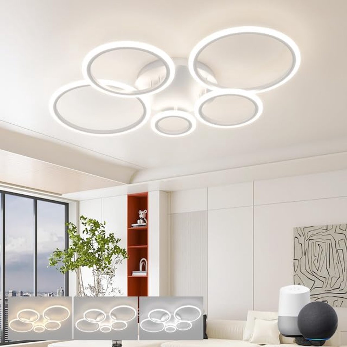 Led-kroonluchter, compatibel met Alexa, intelligente plafondlamp, 5 ringen, 3000 K-6500 K, verstelbaar, 82 W, dimbaar, lamp voor slaapkamer, woonkamer, wit, 100 cm