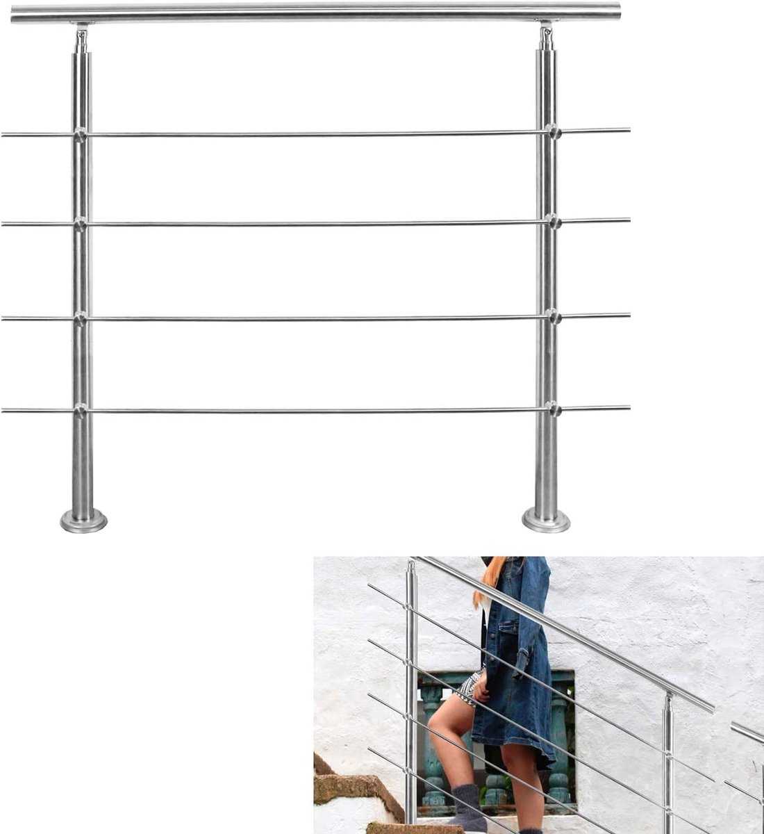 Leuning van roestvrij staal, 150 cm, roestvrij staal binnen, 4 dwarsliggers, trapleuning van roestvrij staal, voor buiten, trapleuning buiten voor trappen, balustrade, balkon