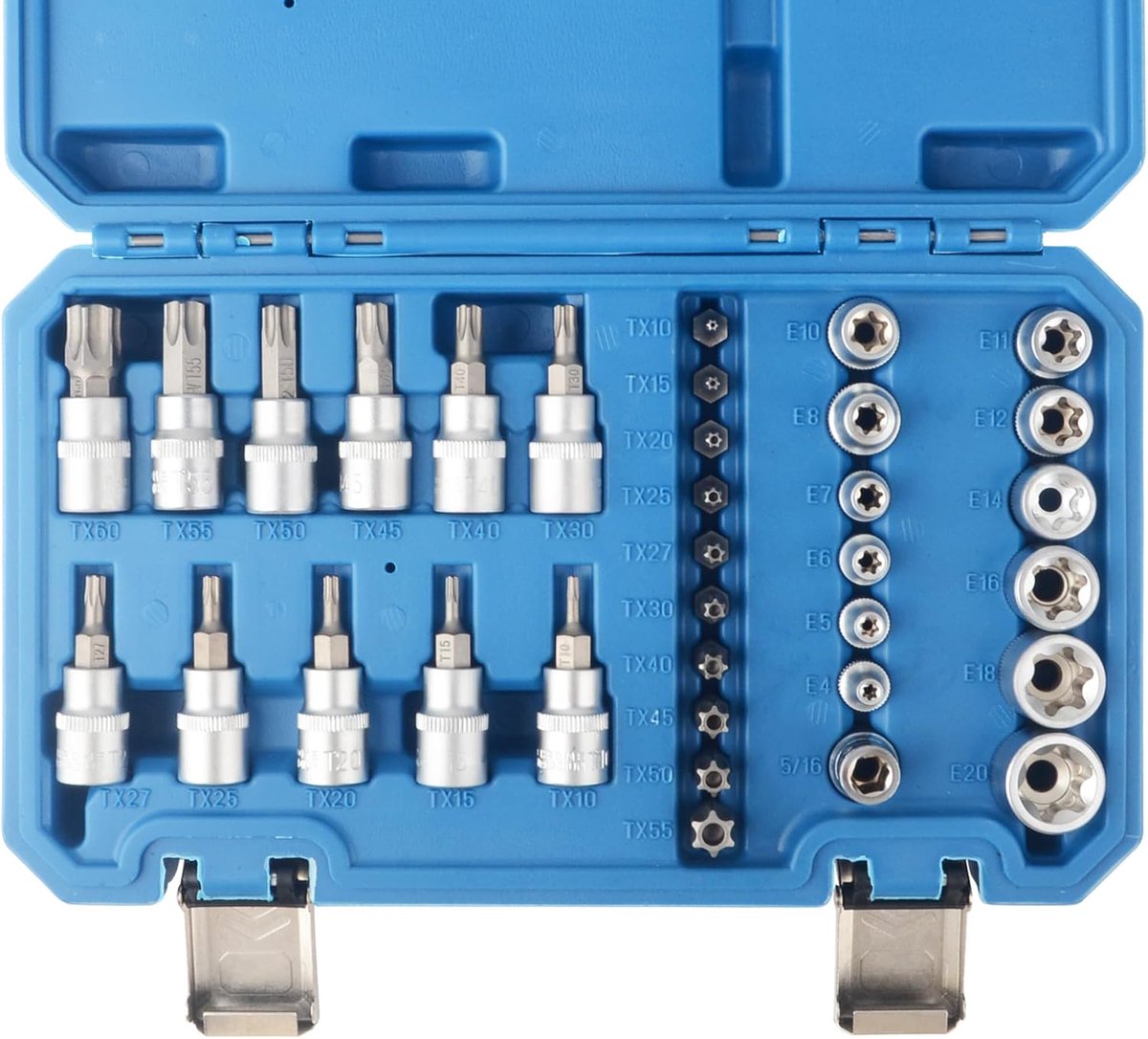 Complete Torx Socket Bit Set 34-delig voor 3/8" en 1/4" | E4-E20 en T10-T60 Sterbouten en Veiligheidsbits