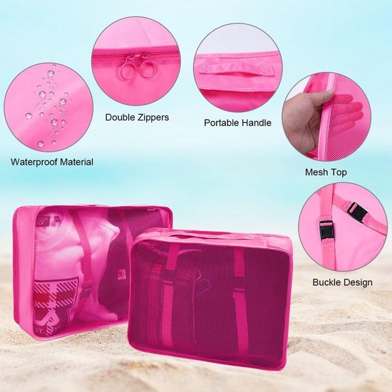 Compressie Inpak Cubes Set van 8 Stuks voor Reisorganizers en Koffers - Ideaal voor Kleding en Bagage, Roze Rood — afbeelding 4