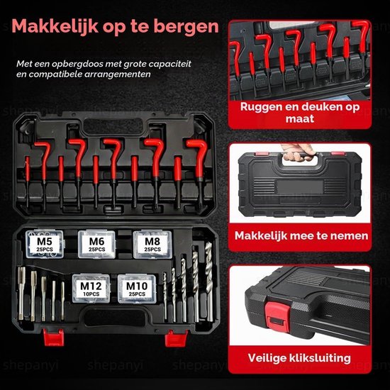 131-delige schroefdraadreparatieset, schroefdraadreparatieset met M5 M6 M8 M10 M12 inzetstukken, hulzen, Helicoil-set, schroefdraadreparatiegereedschap, boorhulzen — afbeelding 3