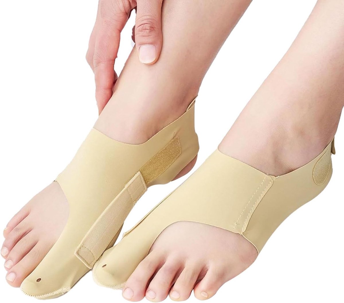 2er Set Verstelbare Hallux Valgus Corrector met Zij- & Hielband – Ademend Tenenspreider voor Grote Teen, Dag & Nacht Draagbaar (Beige, M)