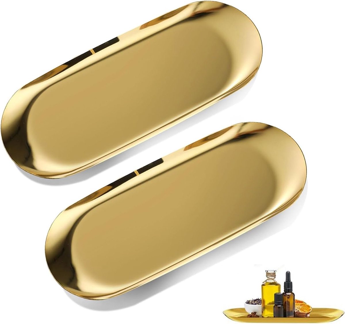 2 ovale schalen van roestvrij staal, goudkleurig, 23 x 9,5 cm, voor cake, fruit, cosmetica of tafeldecoratie