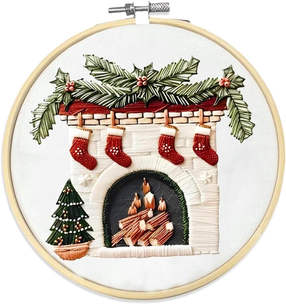 Kerstborduurpakketten voor beginners, DIY borduurpakketten voor beginners, handgemaakte naaisets in open haardstijl