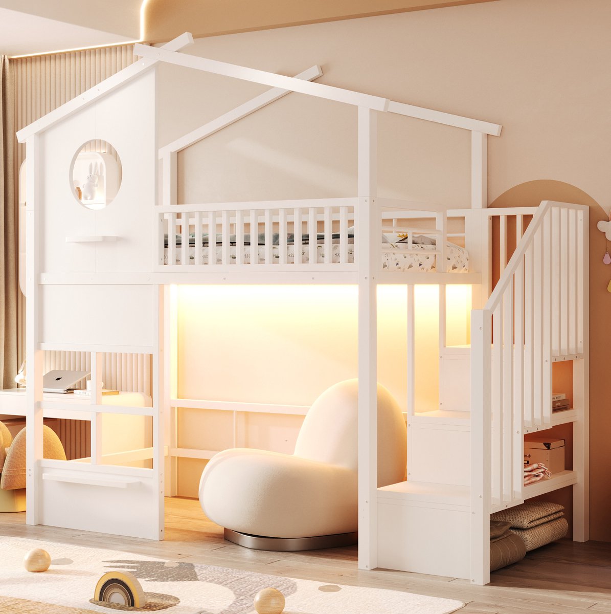 MODENUIT Hoogslaper – 90 x 200 cm – Metaal – Wit – Huisvormig Met Ledlichtstrip, Opbergtrap En Hoge Zijhekken