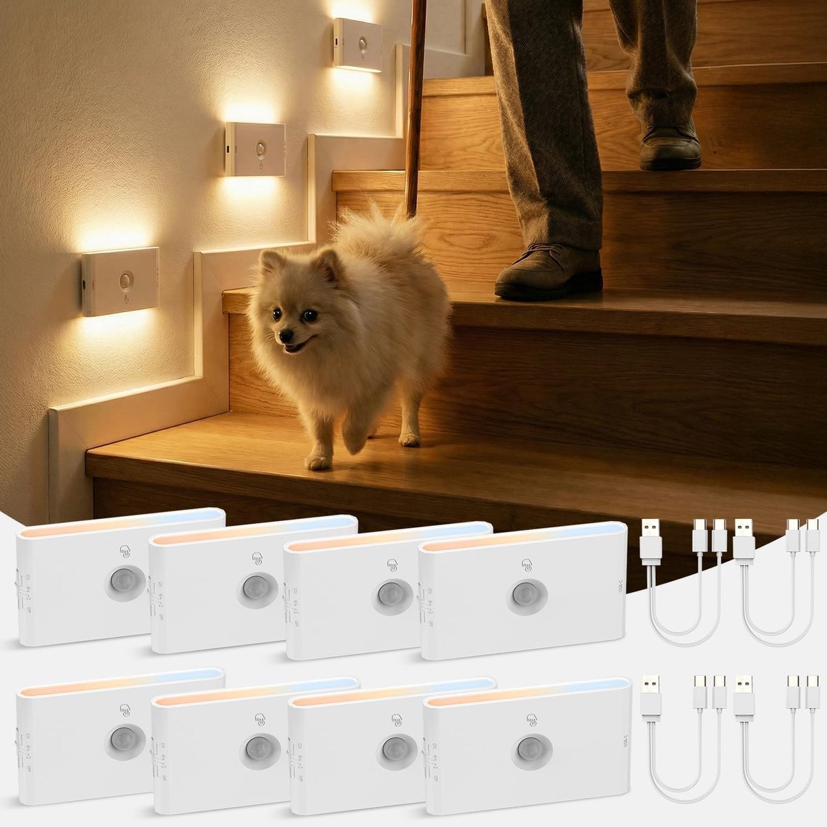 Nachtlampje met Bewegingsmelder en Schemeringssensor - Wit - 8 Stuks - Oplaadbare LED Lamp met 3 Modi - Voor Binnengebruik