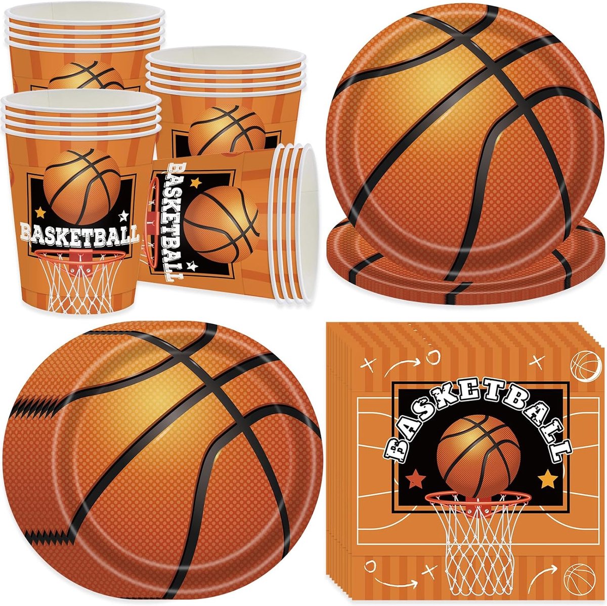 Basketbal partyborden, verjaardag voor 16 gasten, papieren borden, bekers, servetten, kinderverjaardag, decoratie, feest, servies, sport, feest jongens