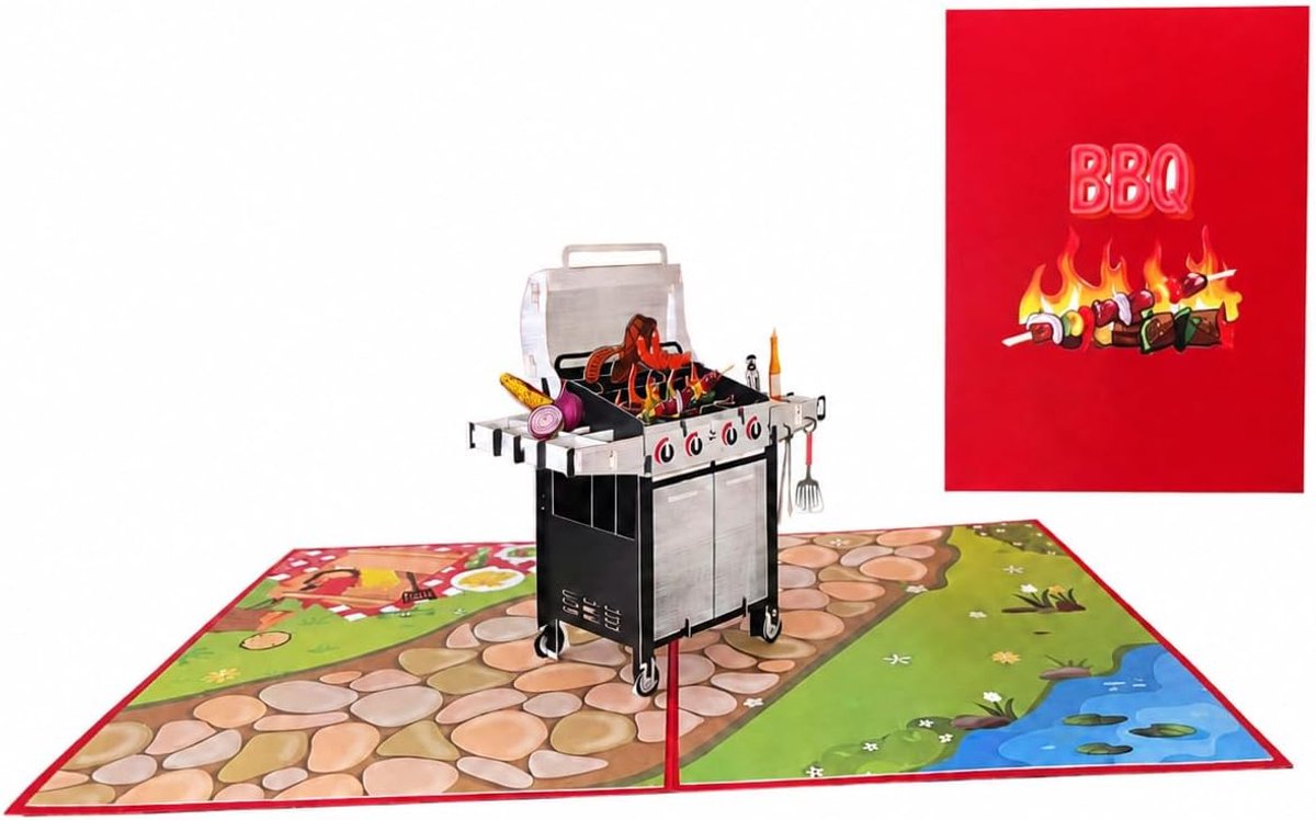 3D pop-up wenskaart, BBQ grilldesign met groenten en vlees, handgemaakte verjaardagskaart