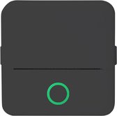 Zwarte miniprinter met een groene cirkelvormige knop aan de voorkant.