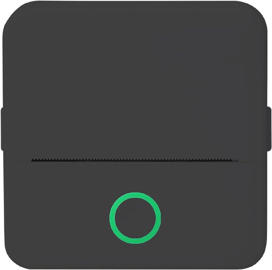 Zwarte miniprinter met een groene cirkelvormige knop aan de voorkant.