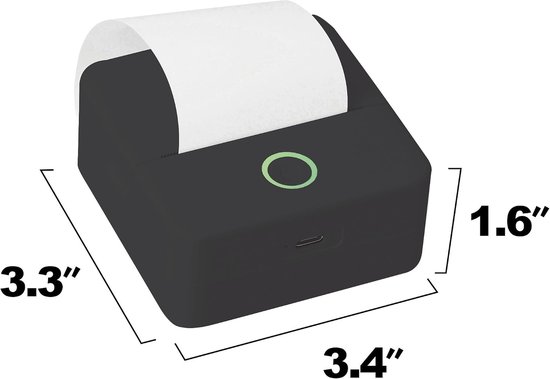Zwarte miniprinter met papier eruit, met afmetingen 3,3" x 3,4" x 1,6".