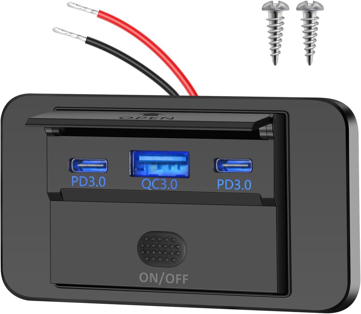 USB-bus 12 V voor camper, autolader met twee poorten PD3.0 C 30 W en QC3.0 18 W met aan/uit-schakelaar, stroompaneel voor marine, caravan, vrachtwagen, bus