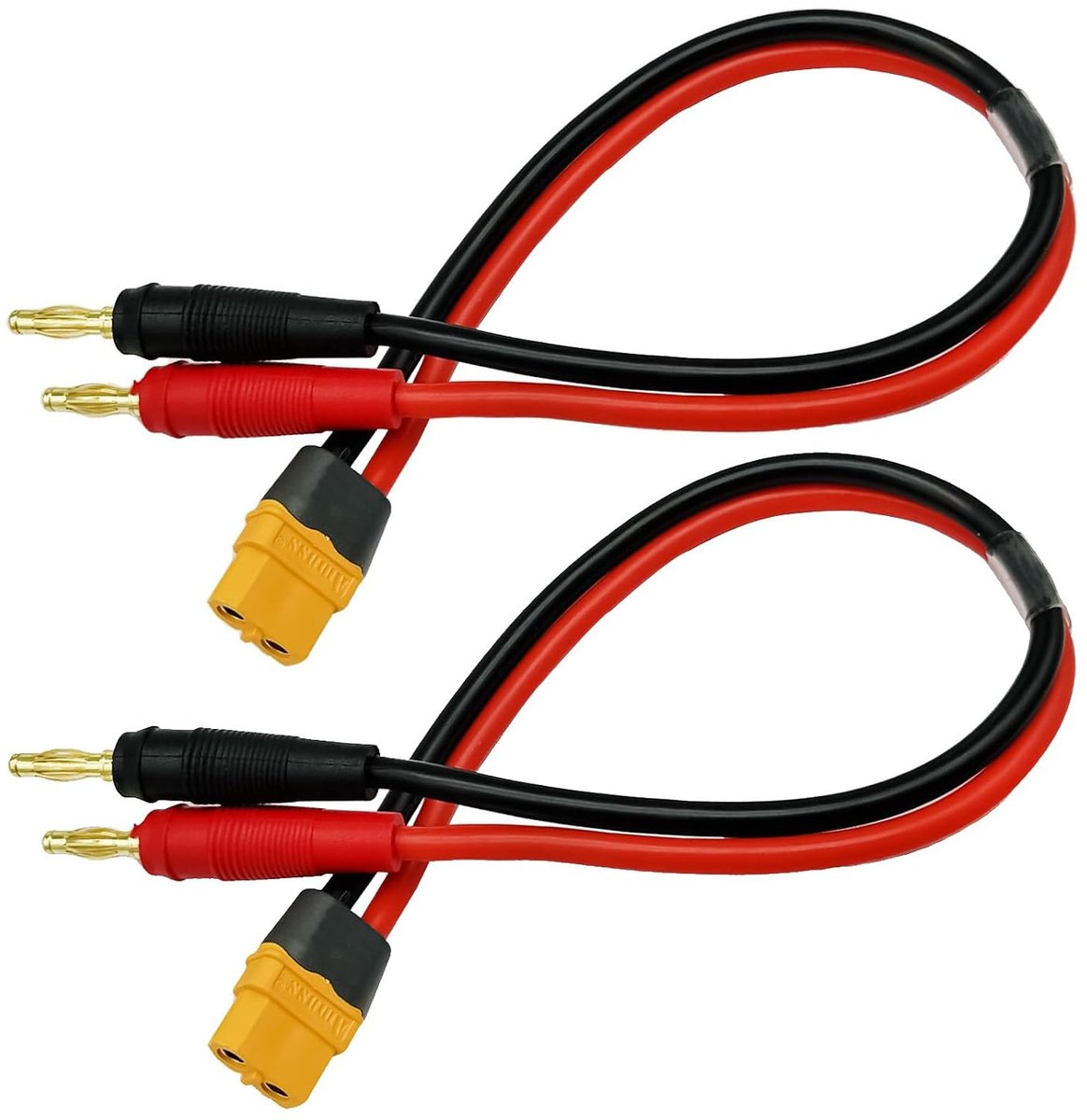 2 stuks XT60H adapterkabels (XT60 met verbeterde vrouwelijke connector naar 4 mm banaanstekkers 12 AWG, 30 cm)