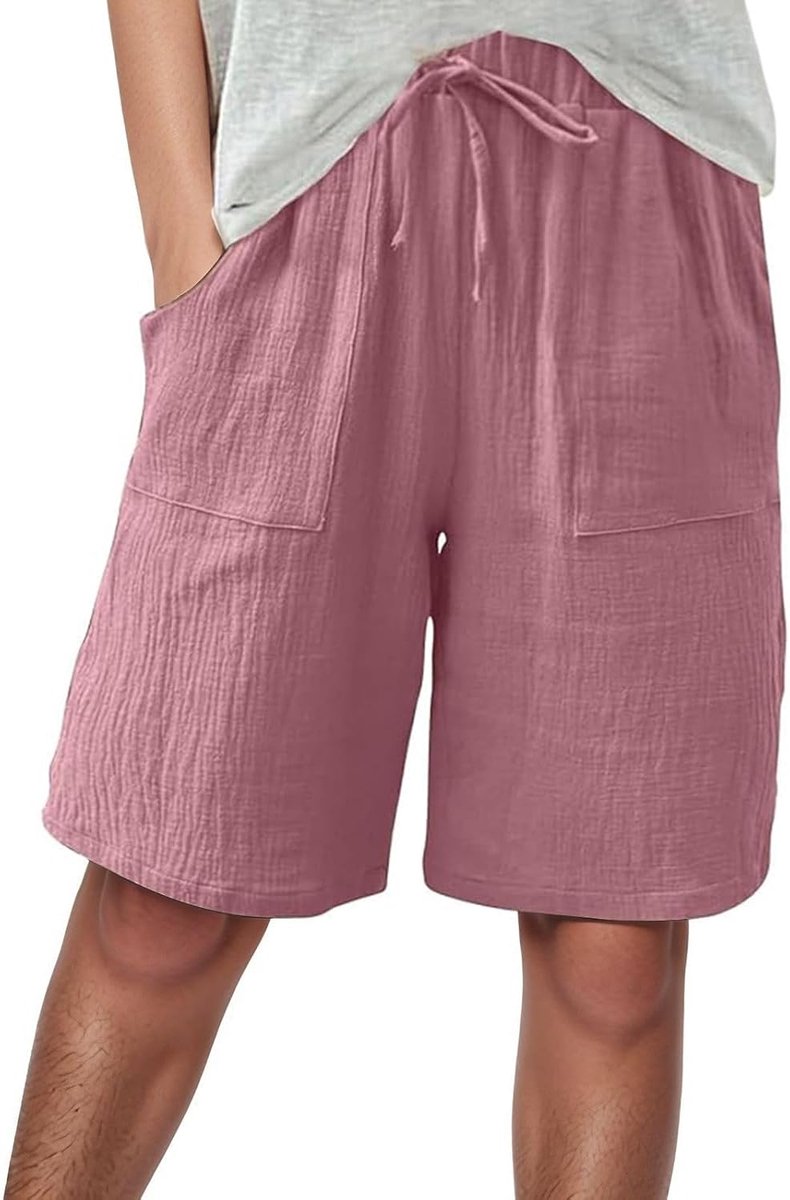 Broek voor dames, zomer, chique, hoge taille, vloeiend, elastisch, breed, licht, casual, met zakken, elegant, los, katoen, strand, trekkoord, recht, A8