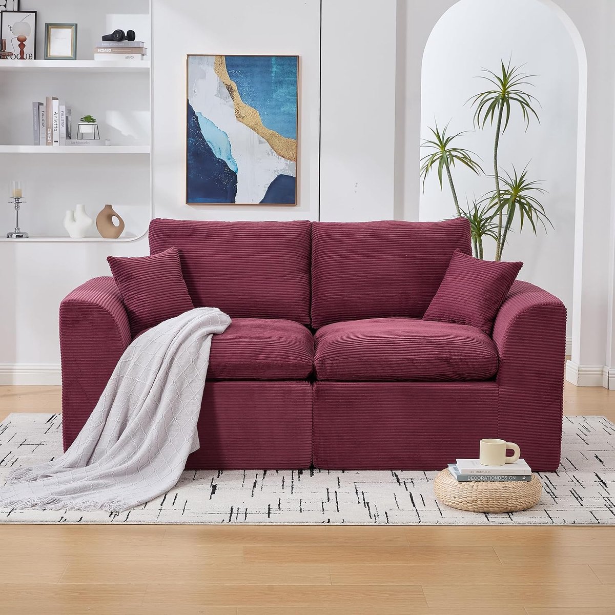 2-zitsbank, modulaire bank, corduroy sofa met kussen, vrijetijdsbank in Scandinavische stijl, woonkamer, geen montage nodig, corduroy, wijnrood, 2-zitsbank