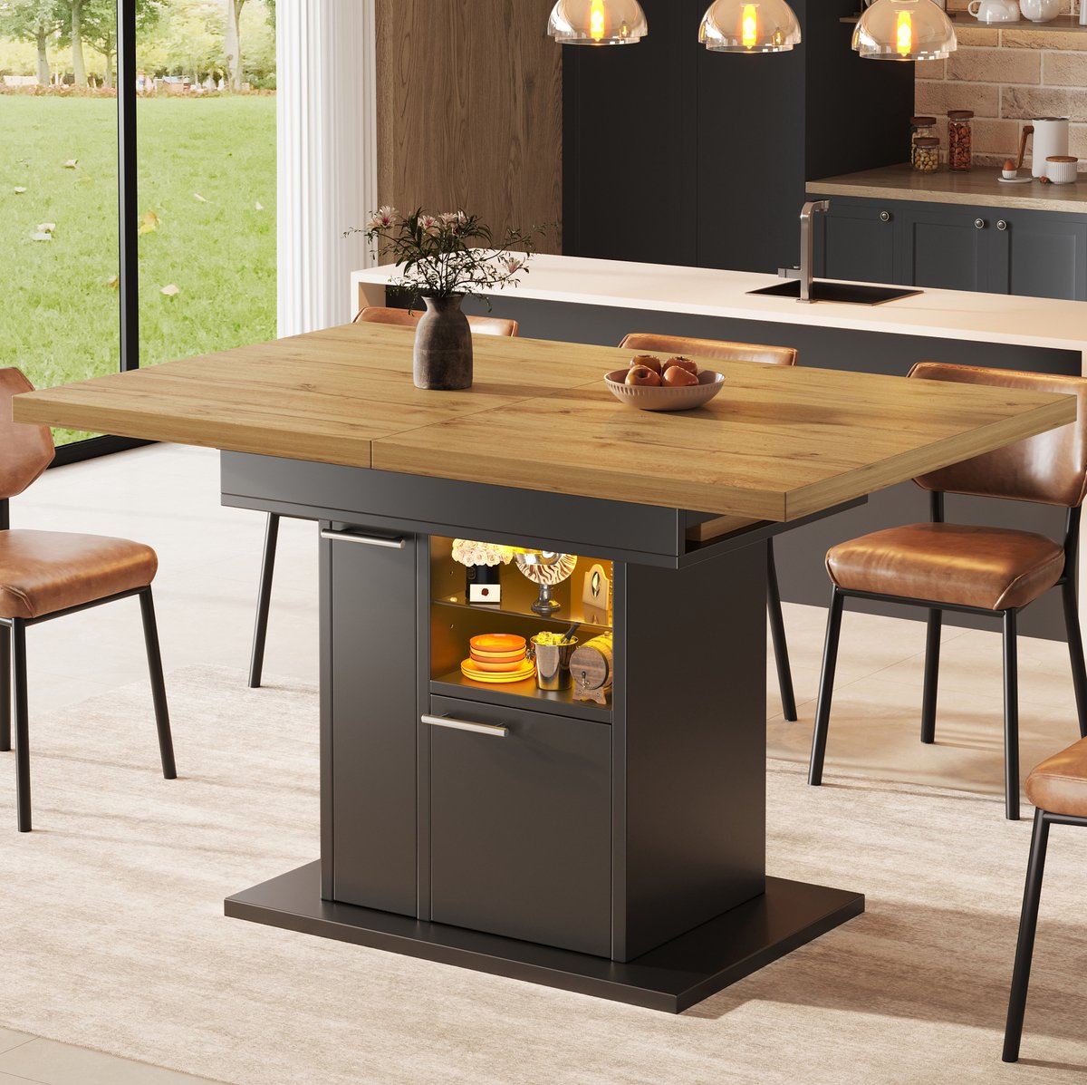 REDOM Uitschuifbare eettafel - Opbergruimte en meerkleurige LED-verlichting - Glazen planken - MDF - Zwart - 110-140 x 80 x 77,2 cm