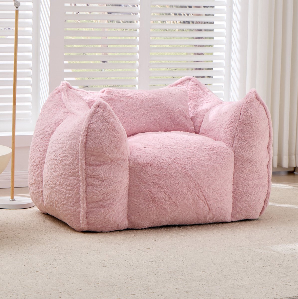 REDOM Zitzak loungestoel - Rugleuning en armleuningen - Schuimvulling - Imitatiebont - Voor woonkamer en slaapkamer - Roze - 123 x 97 x 73 cm