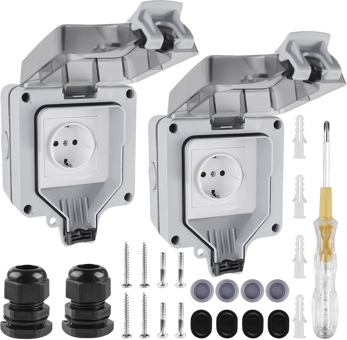Buitenstopcontact Pack van 2 - Waterdicht IP66 - Stofbestendig - Ideaal voor tuin en garage - ShopVlot