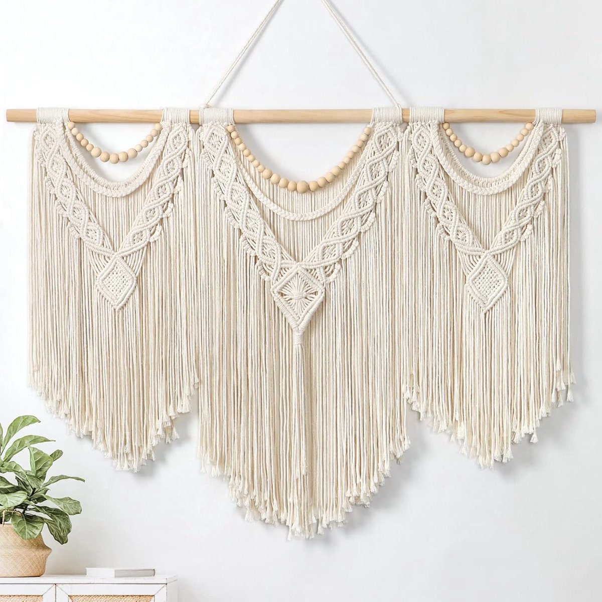 SnelShoppen - Macrame Tapestry Large Boho Woven Wanddecoratie met Bladeren en Kwastjes, 110x80 cm, Katoenen Touw, Natuurlijke Behang voor Slaapkamer e