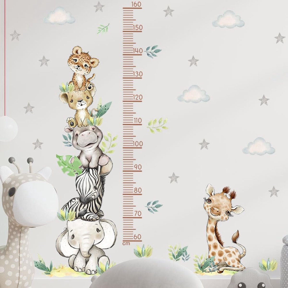 SnelShoppen - Meetlat Muurstickers Dierentoren voor Kinderkamer - Olifant, Giraffe, Zebra, Leeuw - Groeidiagram Wanddecoratie - Herbruikbaar en Verwij