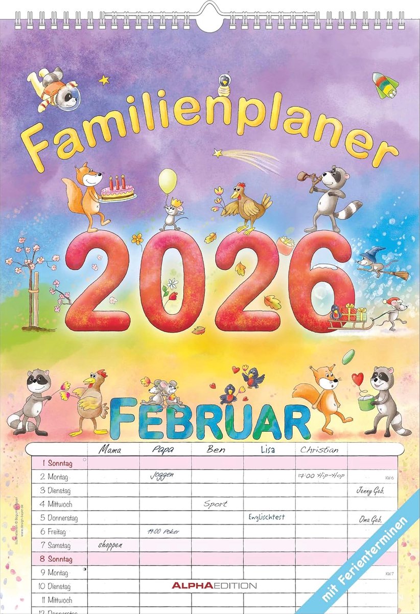 SnelShoppen - Familienplaner Cartoon 2026 A3 - Wandkalender met 6 Spalten, Ferienterminen & Notities - Leuke Illustraties voor Gezinnen - Ideaal voor
