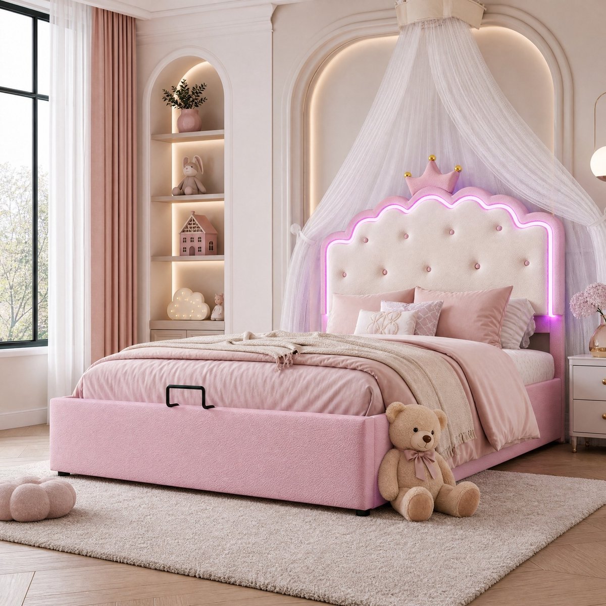 WUVRIE Kinderbed 140x200 cm met LED-verlichting, hydraulische opbergruimte en lattenbodem, roze