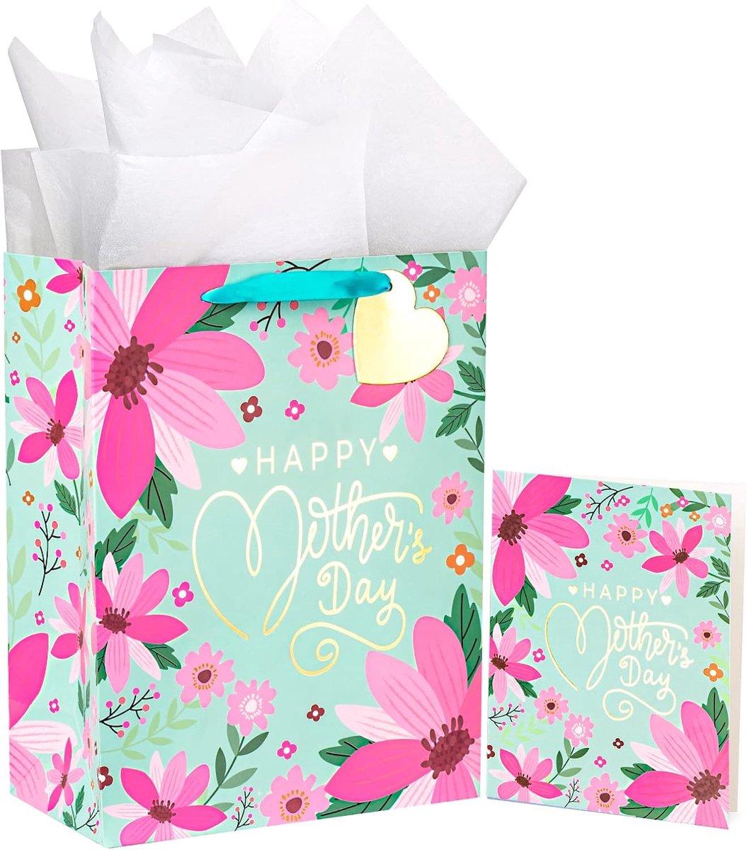 Geschenkzakje 13" - bloemen/bladgoud - met wenskaart en zijdepapier - perfect voor Moederdag - ShopVlot