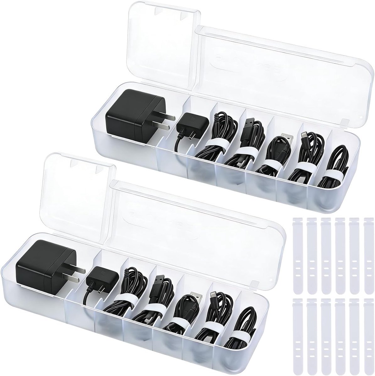 Kabelorganiser opbergdoos 2-pack - 7 compartimenten - met 12 kabelbinders - voor een opgeruimd bureau - ShopVlot