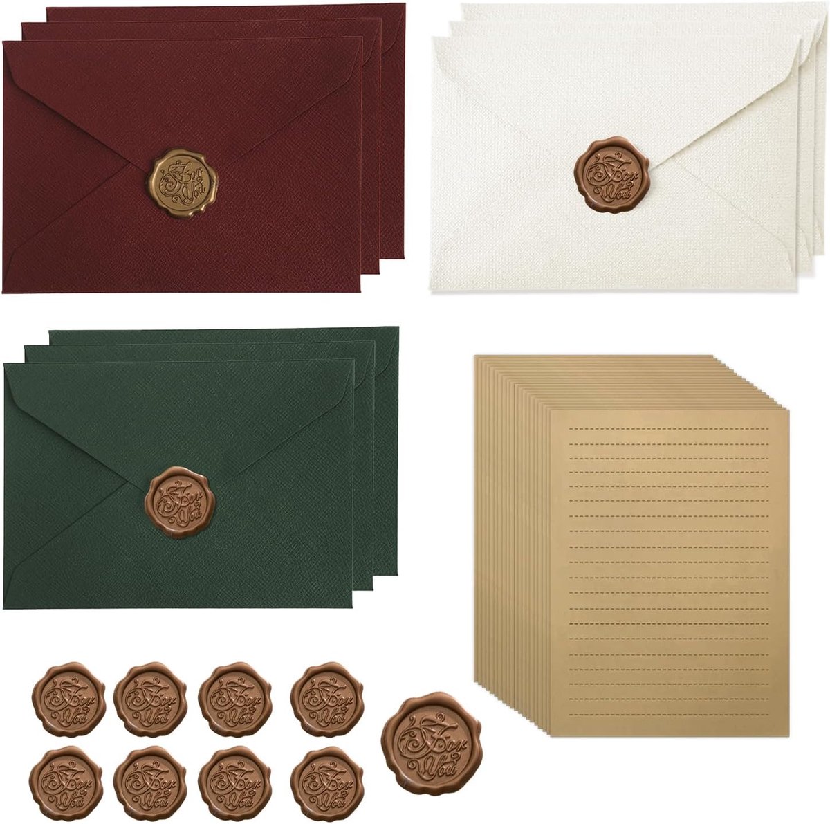 Vintage schrijfpapier set 38-delig - bordeaux, groen & wit - inclusief enveloppen en zegels - ShopVlot