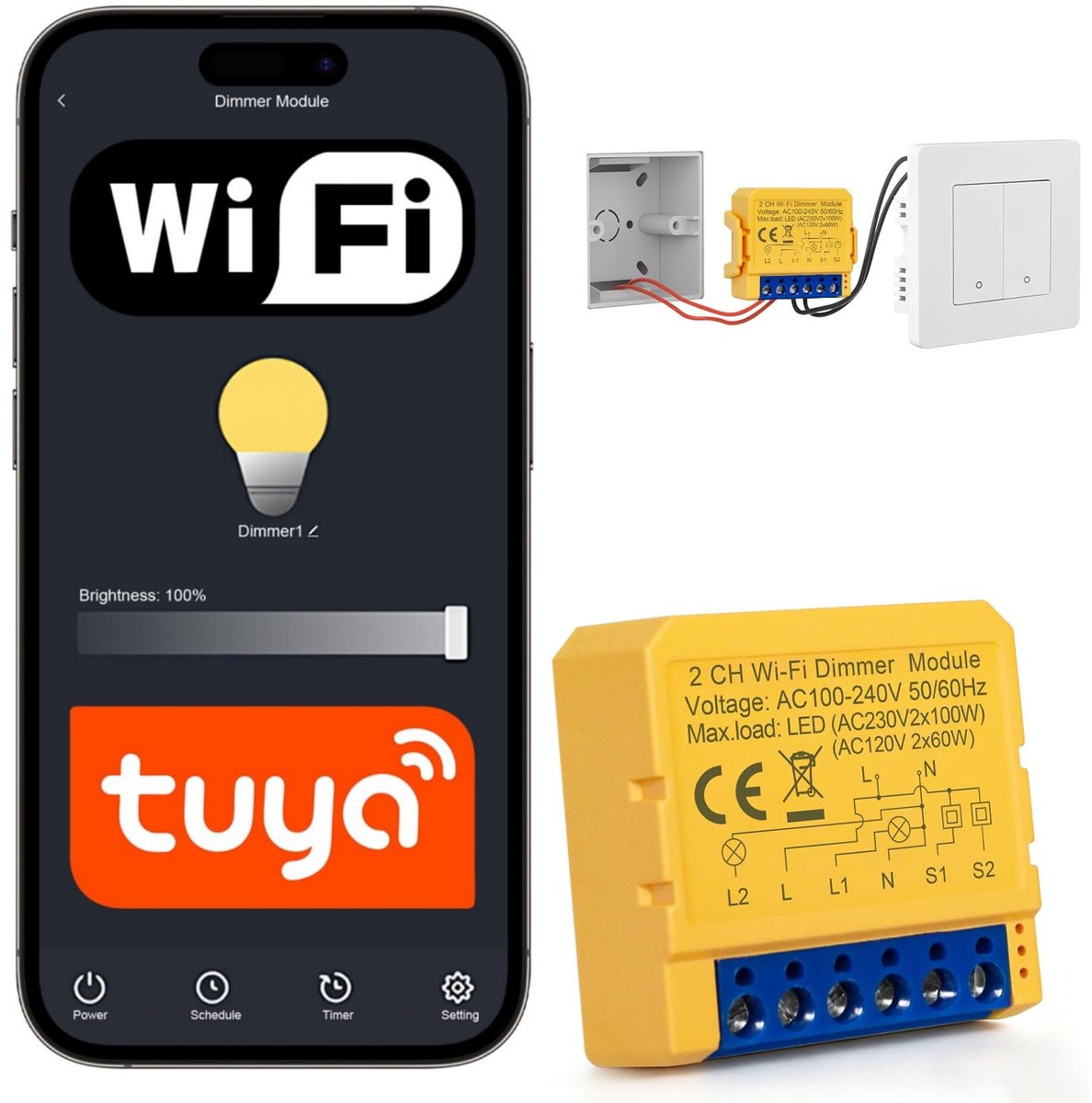 SnelShoppen - WiFi Led-dimmerschakelaar, Dimbare Lichtschakelaar met Spraakbediening, 2-voudige Wisselschakelaar, 2,4 GHz, Compatibel met Alexa en Sma