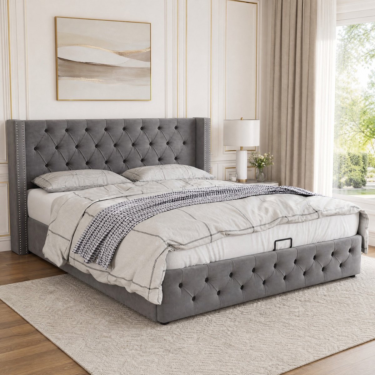 WUVRIE Tweepersoons opbergbed 180x200 cm met hydraulische lift en lattenbodem, grijs velours