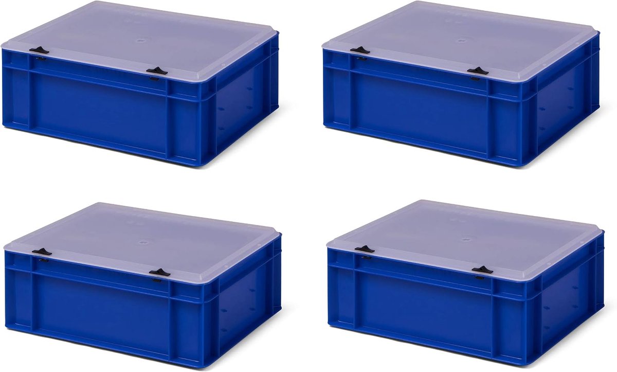 4 stuks TK414-TD, Transportstapelbak blauw met transparant afsluitdeksel, 400x300x156/145 mm (LxBxH), volume 13 liter, draagvermogen 35 kg, voedselveilige industriekwaliteit van PP