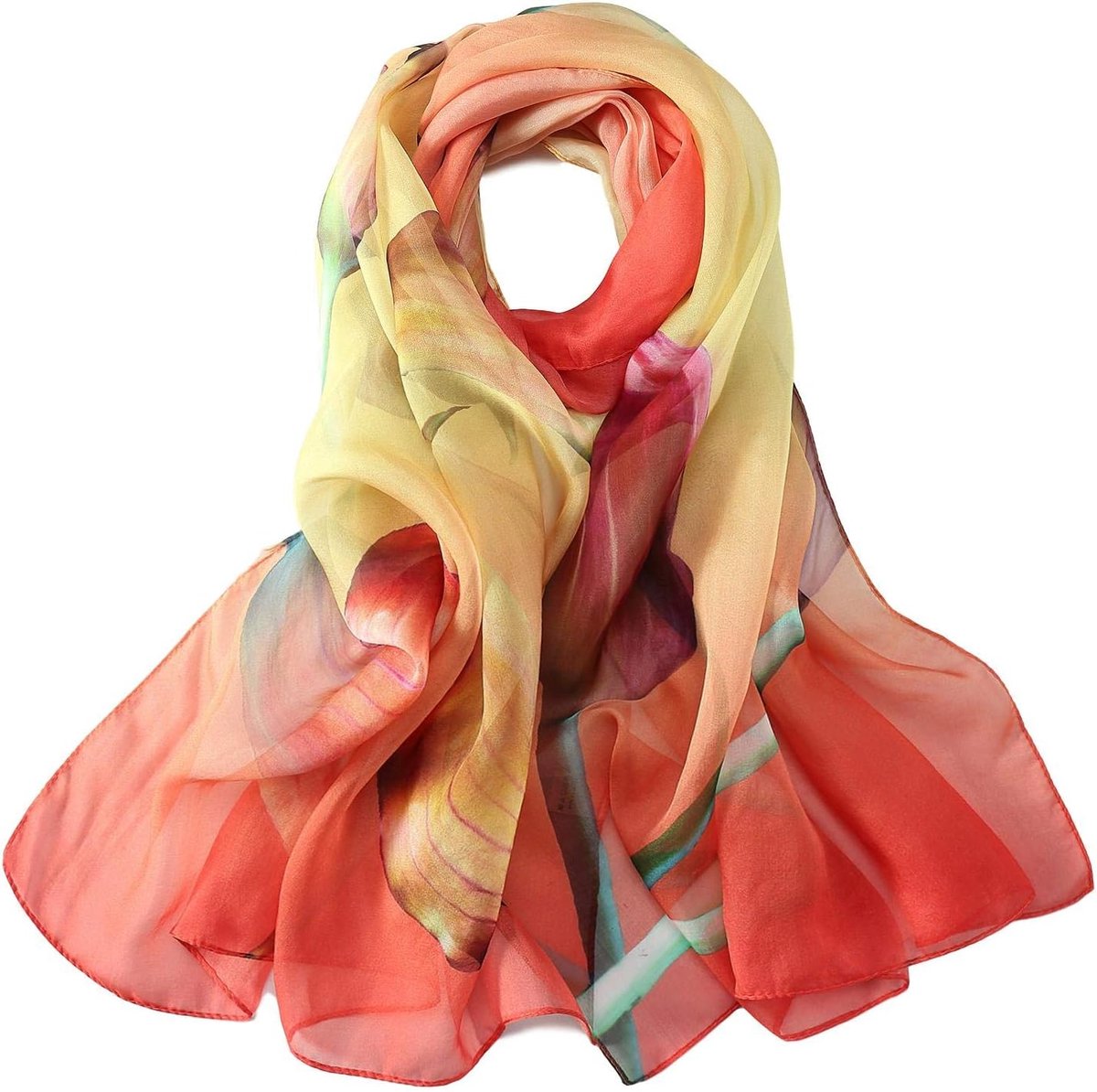 Lange zijden chiffon sjaal bloemenprint