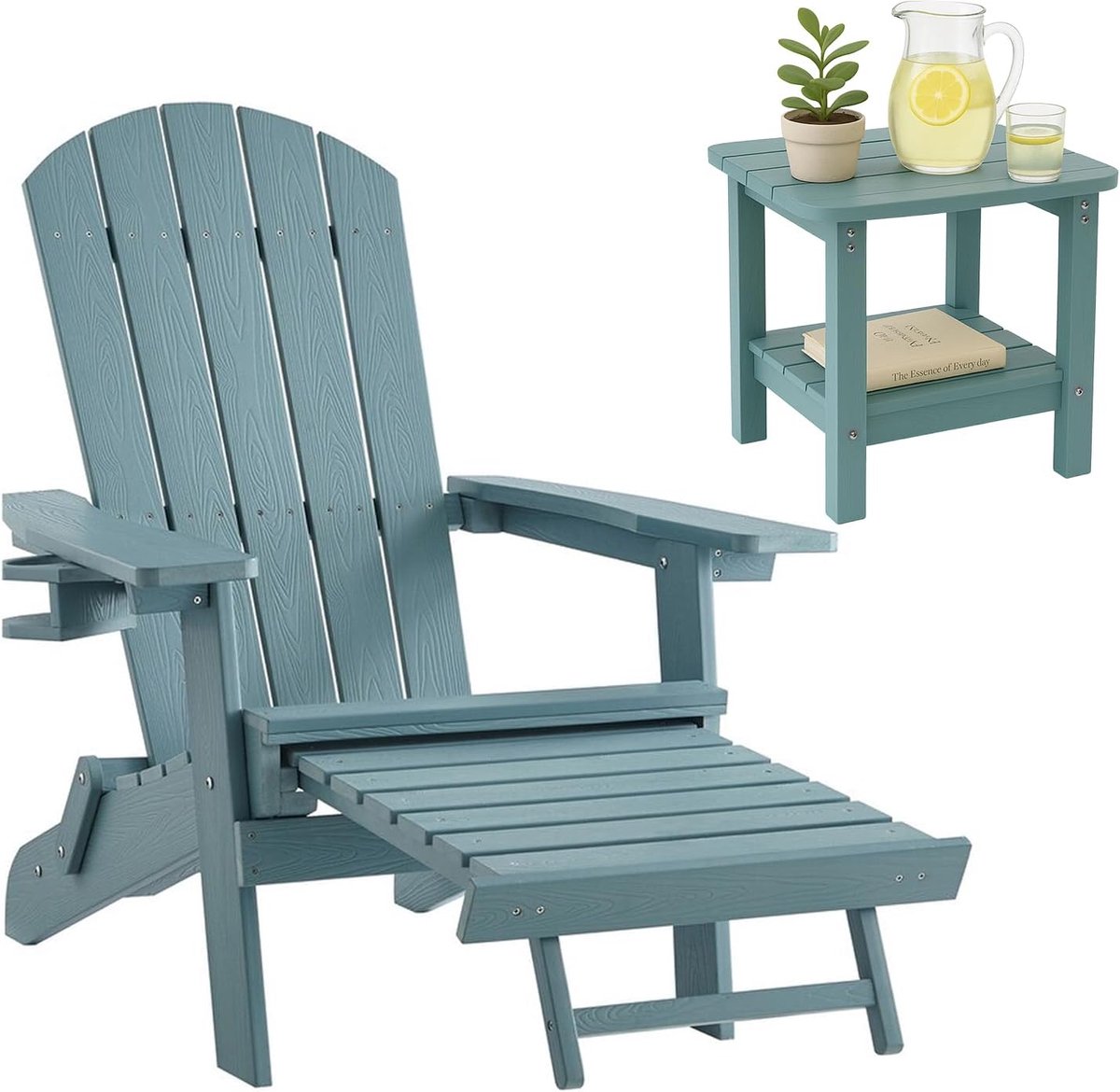 Adirondack loungestoel Arizona, Met voetenbankje, bekerhouder, Hips Plastic, Hout Look - voor balkon, terras, gazon, haard (Groen met Bijzettafel)
