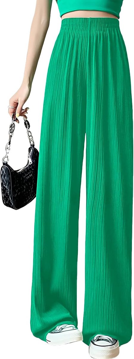 Geribbelde damesbroek: elastische broek met hoge taille en rechte wijde pijpen, vloeiende, ademende, geplooide loungebroek