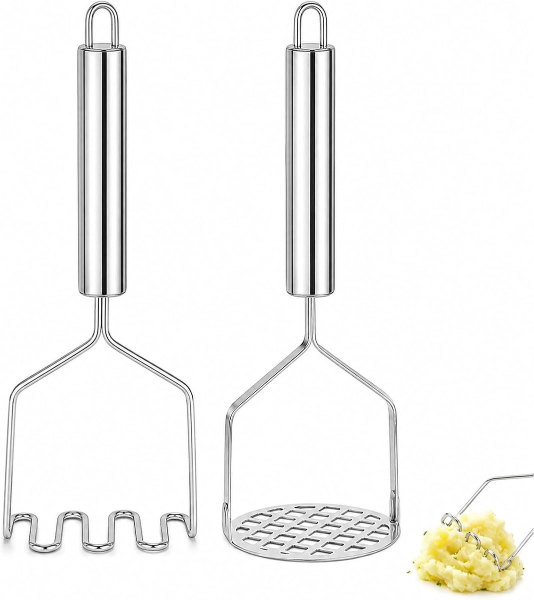2 stuks, roestvrij staal, ronde en lijnvormige stamper, stamper keuken, aardappelstamper, robuust design voor avocado, aardappelen, bonen, vlees, groenten